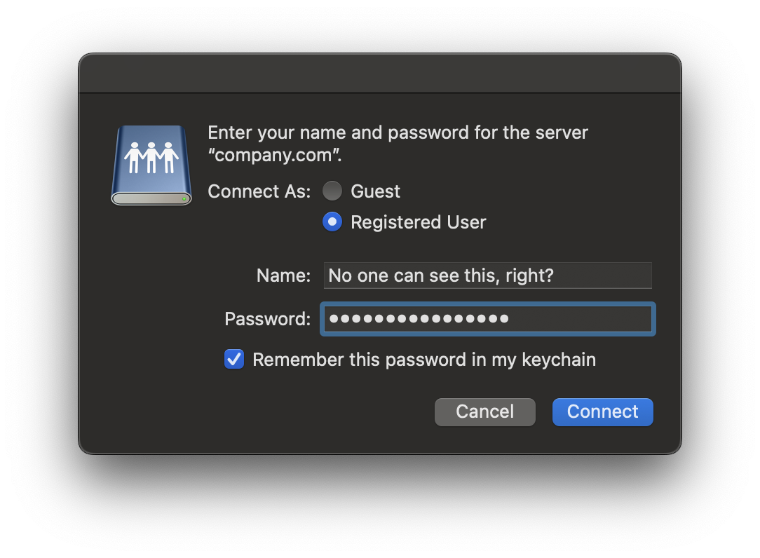 A password prompt with the phrase 'No one can see this, right?' in the name field. There is a checkbox to save the password to the macOS keychain.